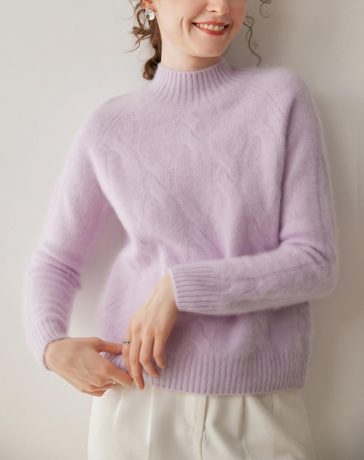 DISSA MD6850 - Maglione da donna in cashmere e lana, con scollo rotondo, a maniche lunghe, con motivo a treccia