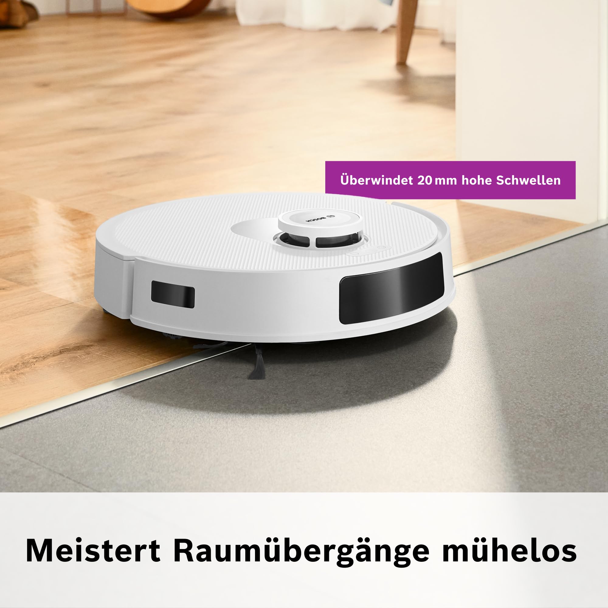 Bosch Spotless + BCRD1W Saugroboter mit Wischfunktion, 11.000 Pa Saugkraft, Wischpad, Trocken-Servicestation, Smart Vision Navigation mit Infrarot-Licht, Steuerung per App, weiß