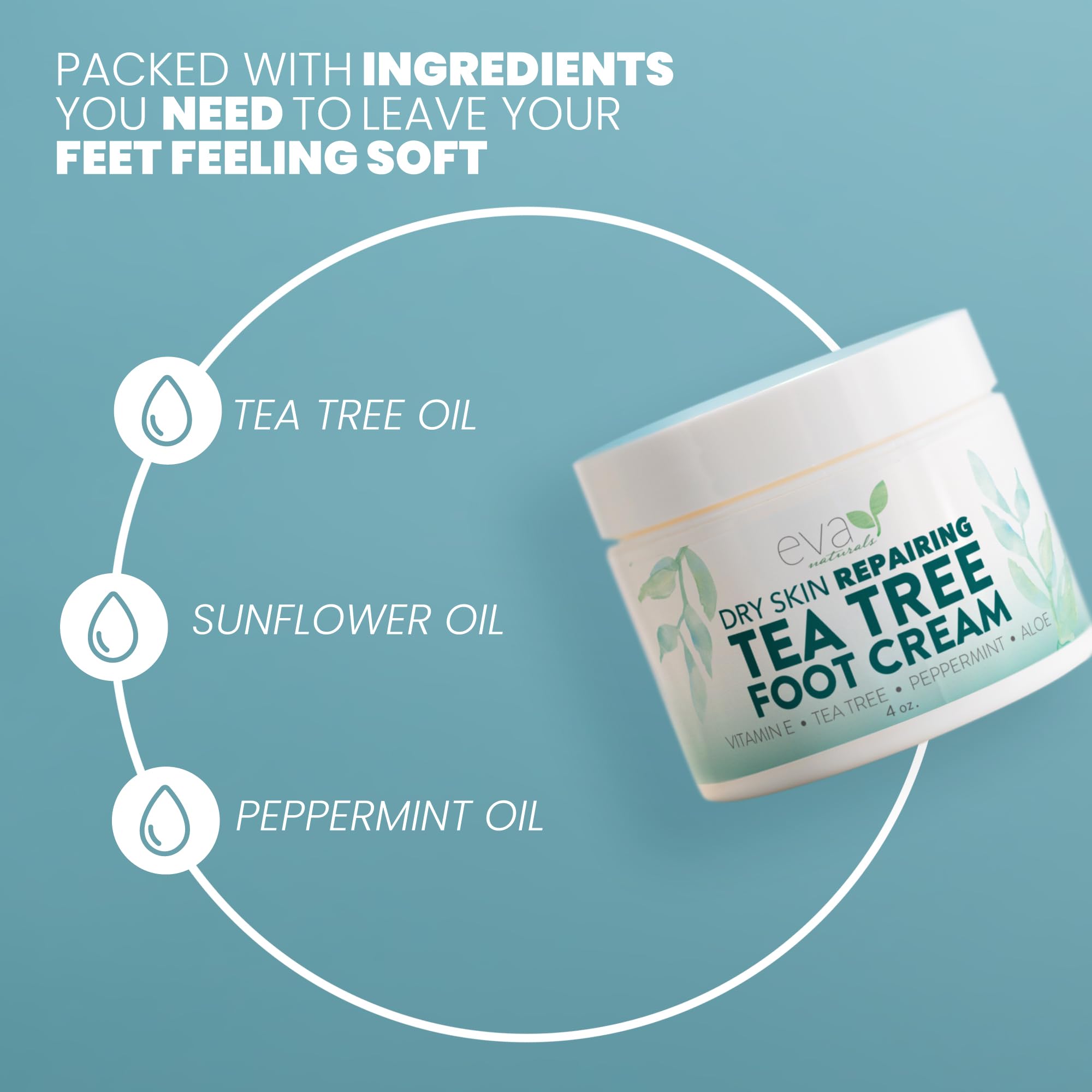 Crema de pies de árbol de té - Loción para pies con menta, mentol y menta verde - Tratamiento calmante para pies para talones y pies secos agrietados 3