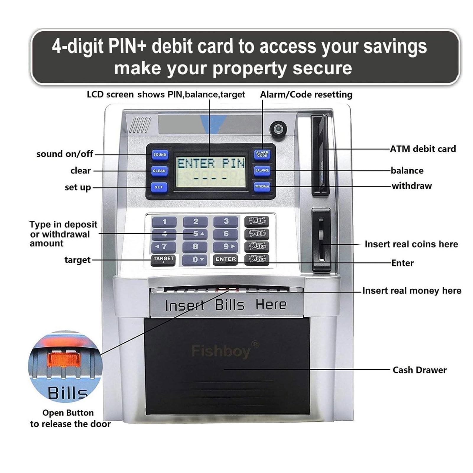 TOPINCN Tirelire ATM électronique, Boîte d'argent Protégée par Mot de Passe avec écran LCD, Boîte D'économie de Factures à Défilement Automatique Créative pour Enfants Adultes Décor de