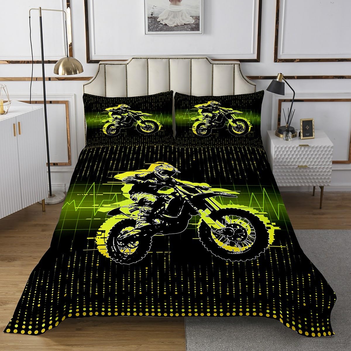 Erosebridal Yellow Motorcycle Rider Quilt Set Twin Size for Kids Boys Girls,Dirt Bike Coverlet Set,Motorcross Bedspread Set,Extreme Sports Bed Cover Bedroom Decor