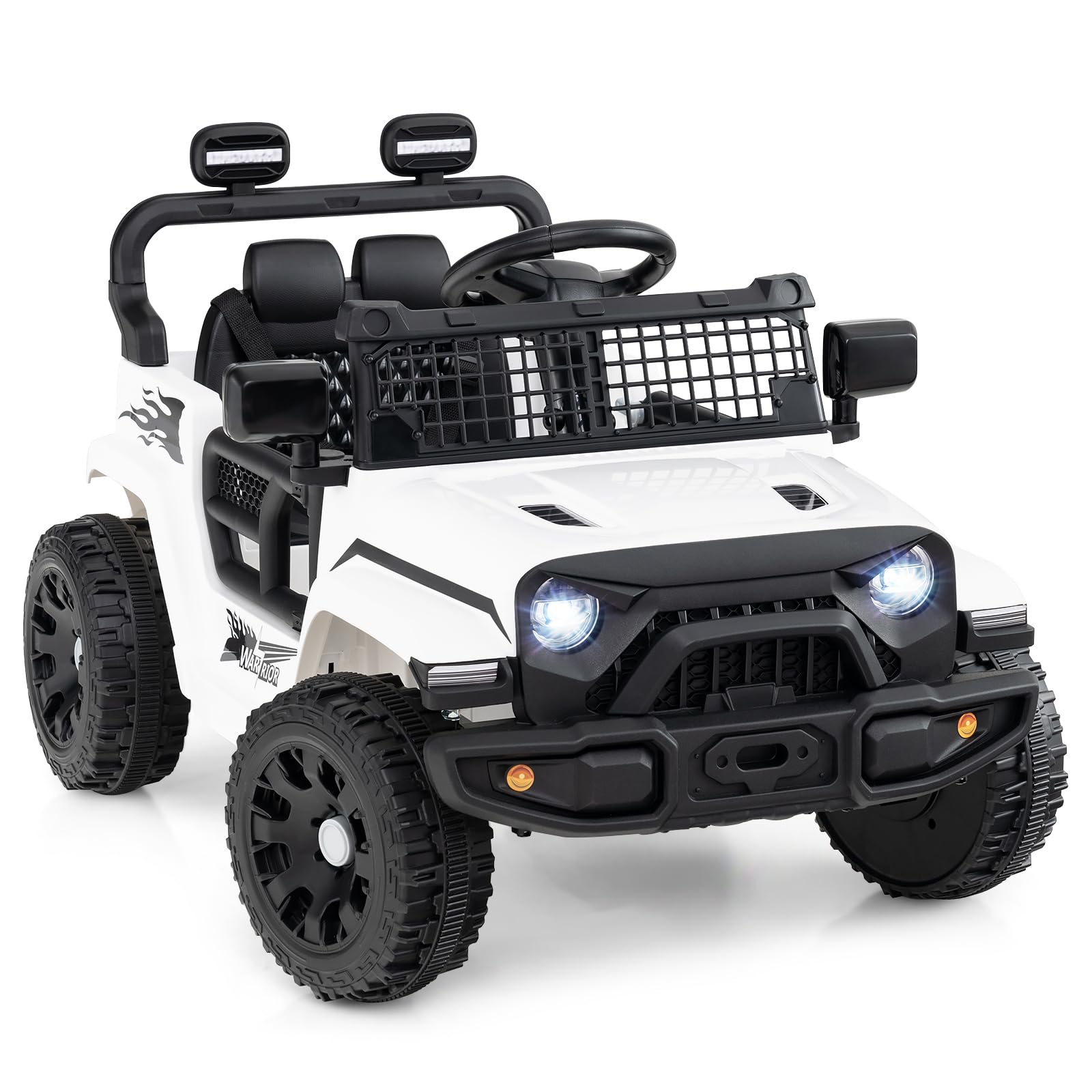 COSTWAY 12V Kids Ride on Car, 2 Motors Electric Off Road Truck with Remote Control, LED Lights, Music & Horn, Battery Powered Ride on Toy for 3+ Years Old Boys Girls (White)