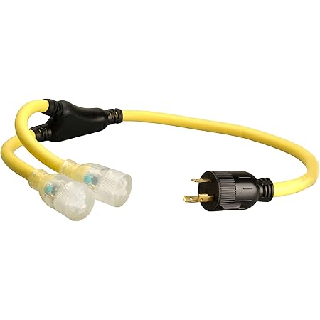 Coleman Cable 01915 3-Feet Generator Power Cord Adapter, 10/3 Splitter Y Adapter, L5-30P to (2) Lighted 5-20R