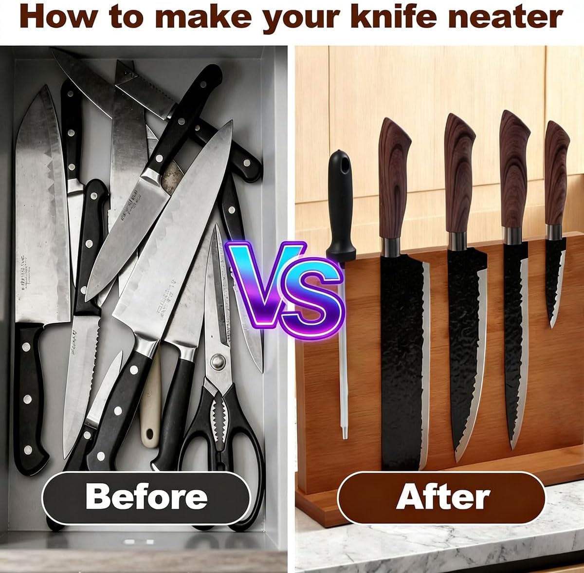 Bamboo magnetic knife holder - Double-Sided magnetic knife block with Strong Magnets, Space-Saving knife magnetic strip for Kitchen Countertop, Multipurpose knife organizer