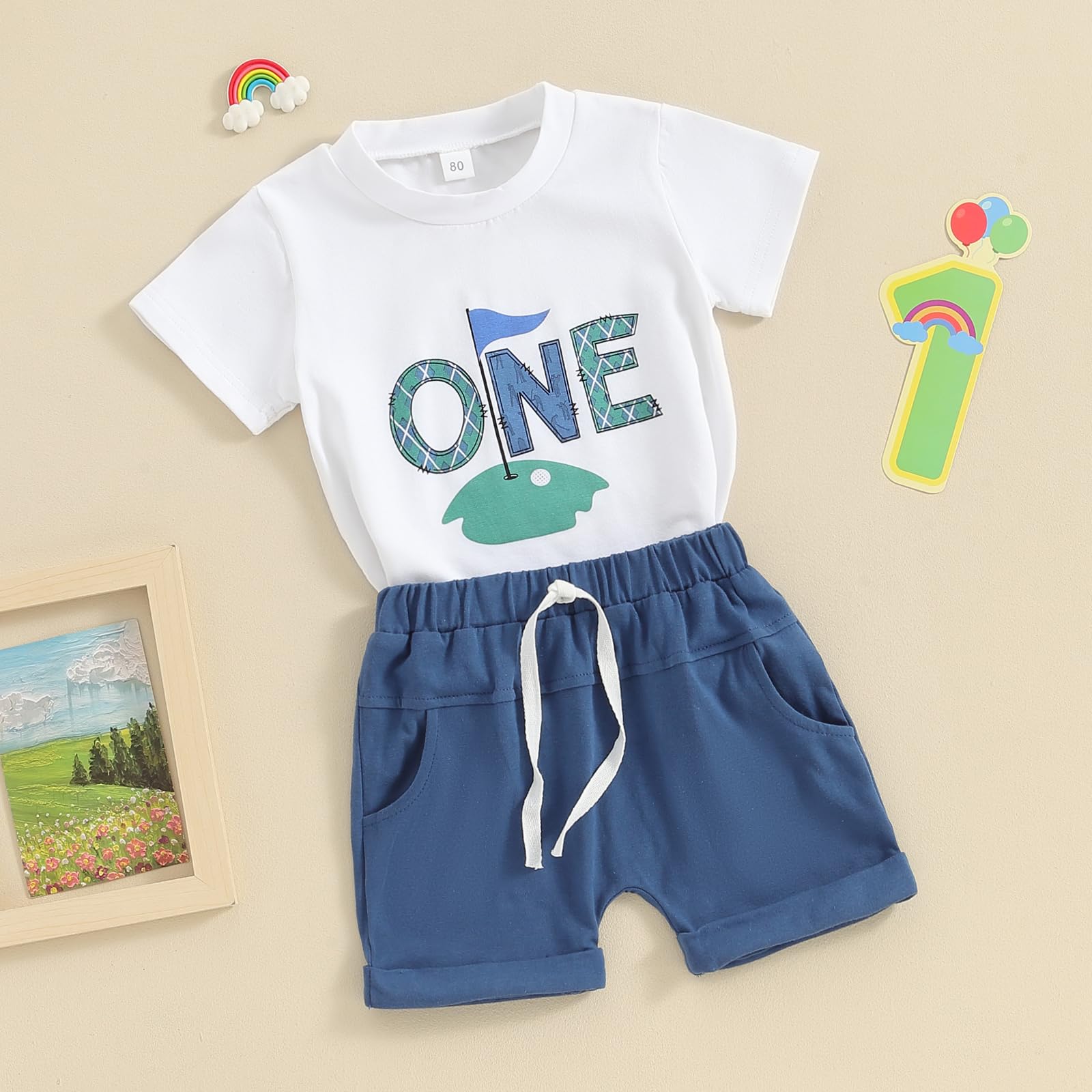 BULINGNA Baby Boy Girl First Birthday Outfit Short Sleeve Golf T-Shirt Tops with Shorts Set 2Pcs Summer Clothes (Navy Blue, 12-18 Months)