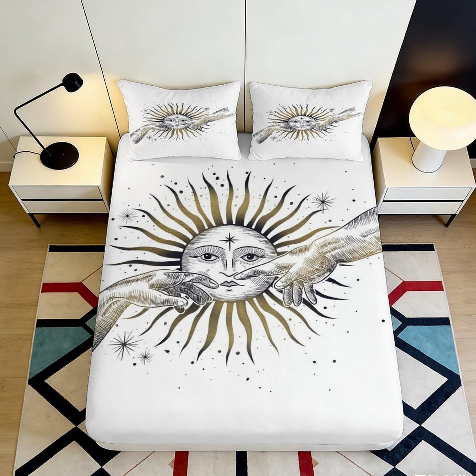 3D Printed Sun and Hands Fitted Sheet Microfiber Soft Breathable Celestial Mattress Cover for Bedroom Dormitory Guest Room Mattress Protection 120x200x25cm