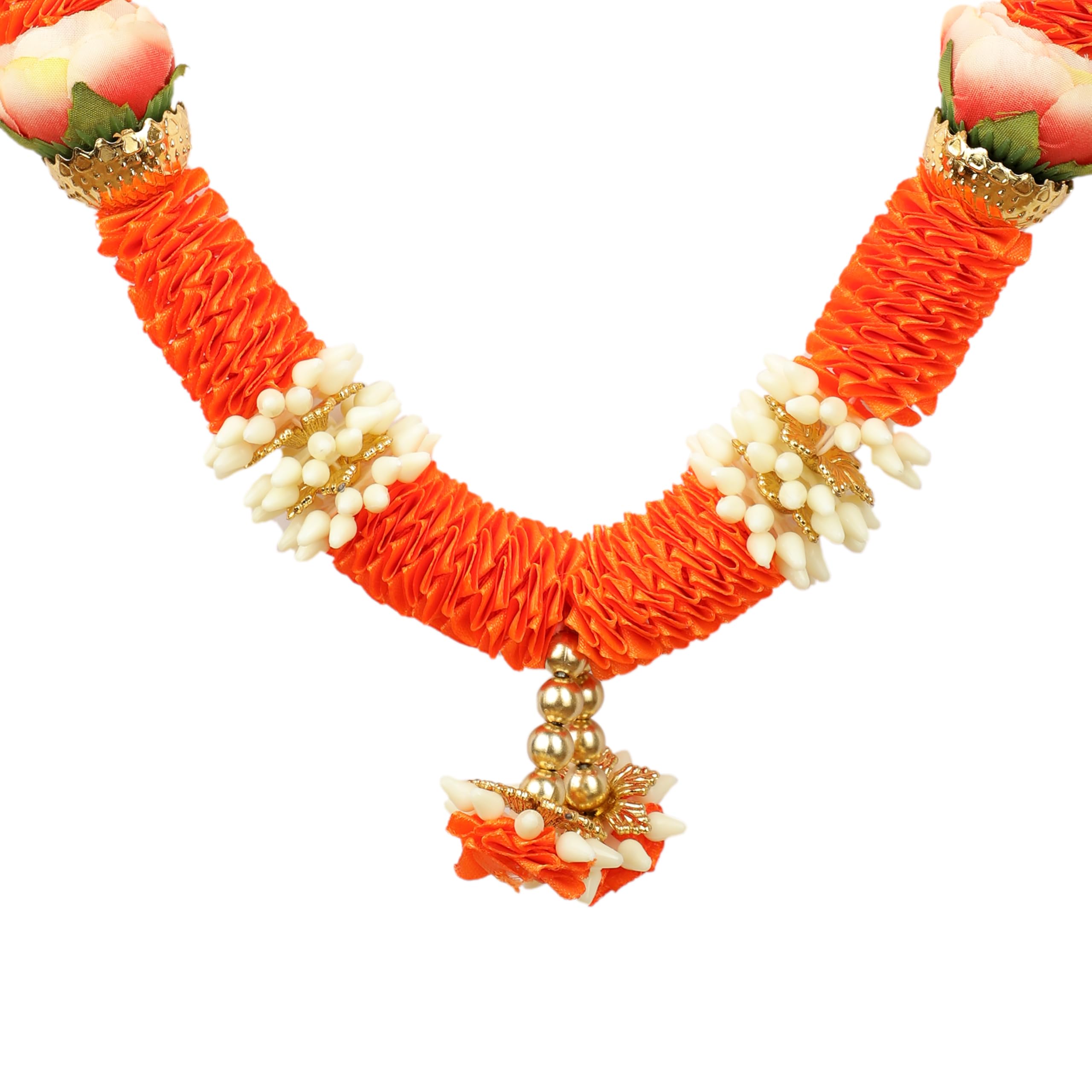 Set Di 4 Mala (Ghirlende) Artificiali Per Idoli – Fiori In Nastri Rosso/Arancione Con Perline Bianche, Decorazioni Pooja - 2