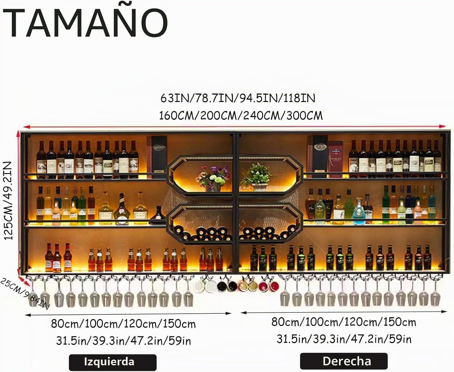 241cm Botellero Pared 4 Niveles LED y Copas Hierro Madera | Estante colgante hierro madera 4 niveles, tira LED cálida, soporte copas, 70 lbs/capa, fácil montaje, decoración bar