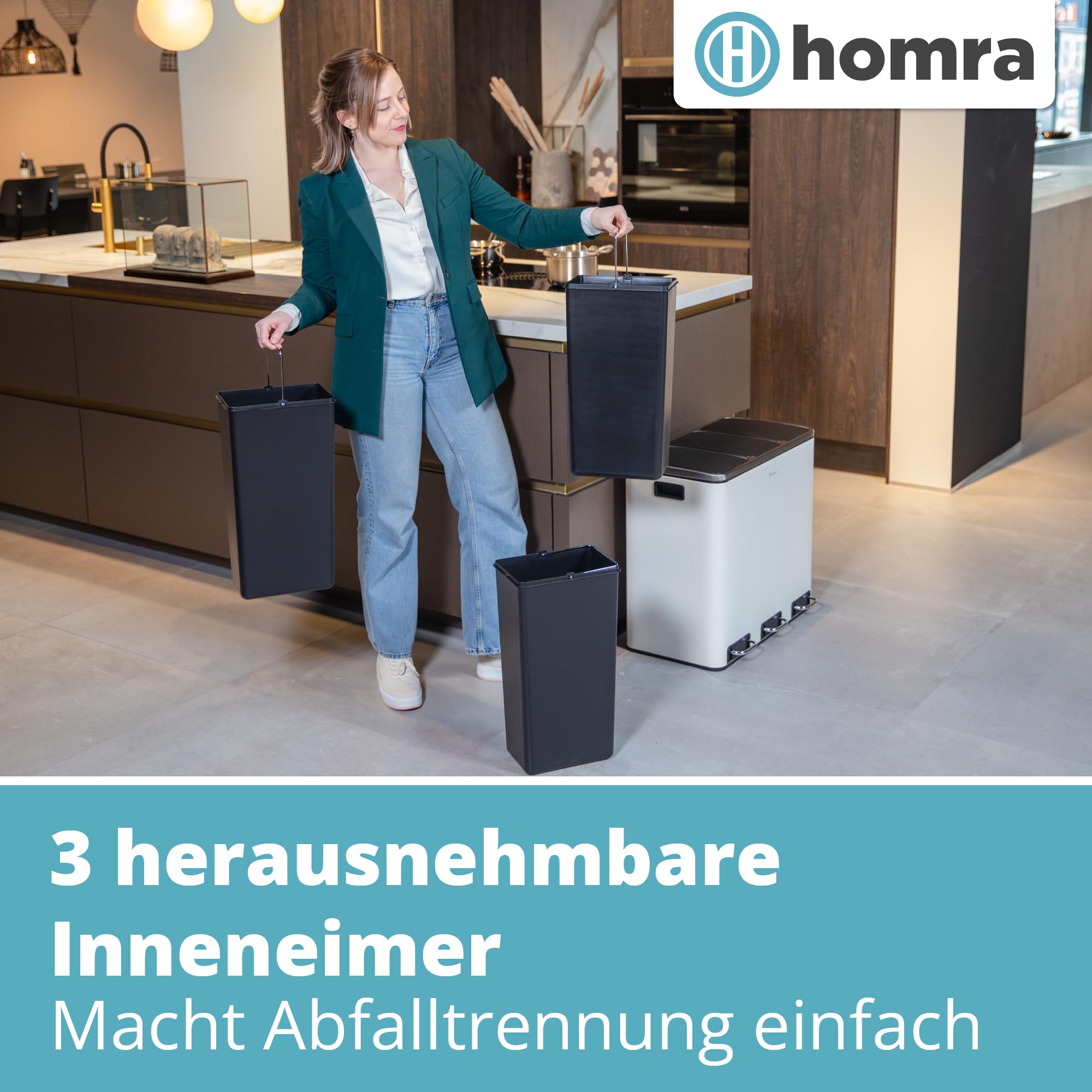 Homra Mülleimer Küche 3 Fächer Sparq 54l | Mülltrennsystem 3Fach | Edelstahl Treteimer 3x18 Liter | Trennsystem 3 Inneneimern | Abfall & Recycling | Abfalleimer Tretmülleimer Softclose | Cremeweiß