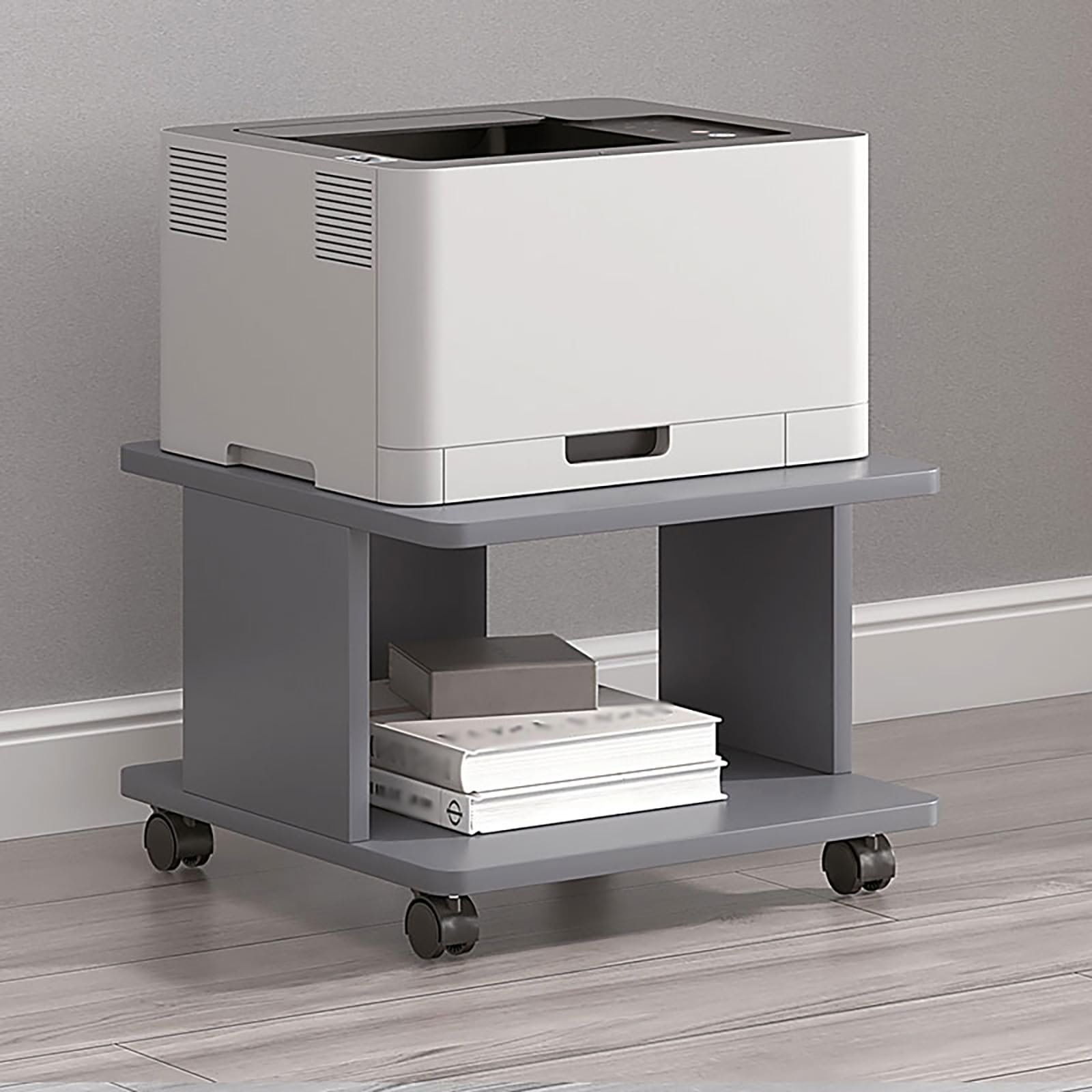 2 Tier Wooden Small Printer Table with Storage, Small Table for Printer, Under Desk Printer Stand, Rolling Printer Cart Shelf with Lockable Wheels for Home, Office(Gray,50 * 50cm)