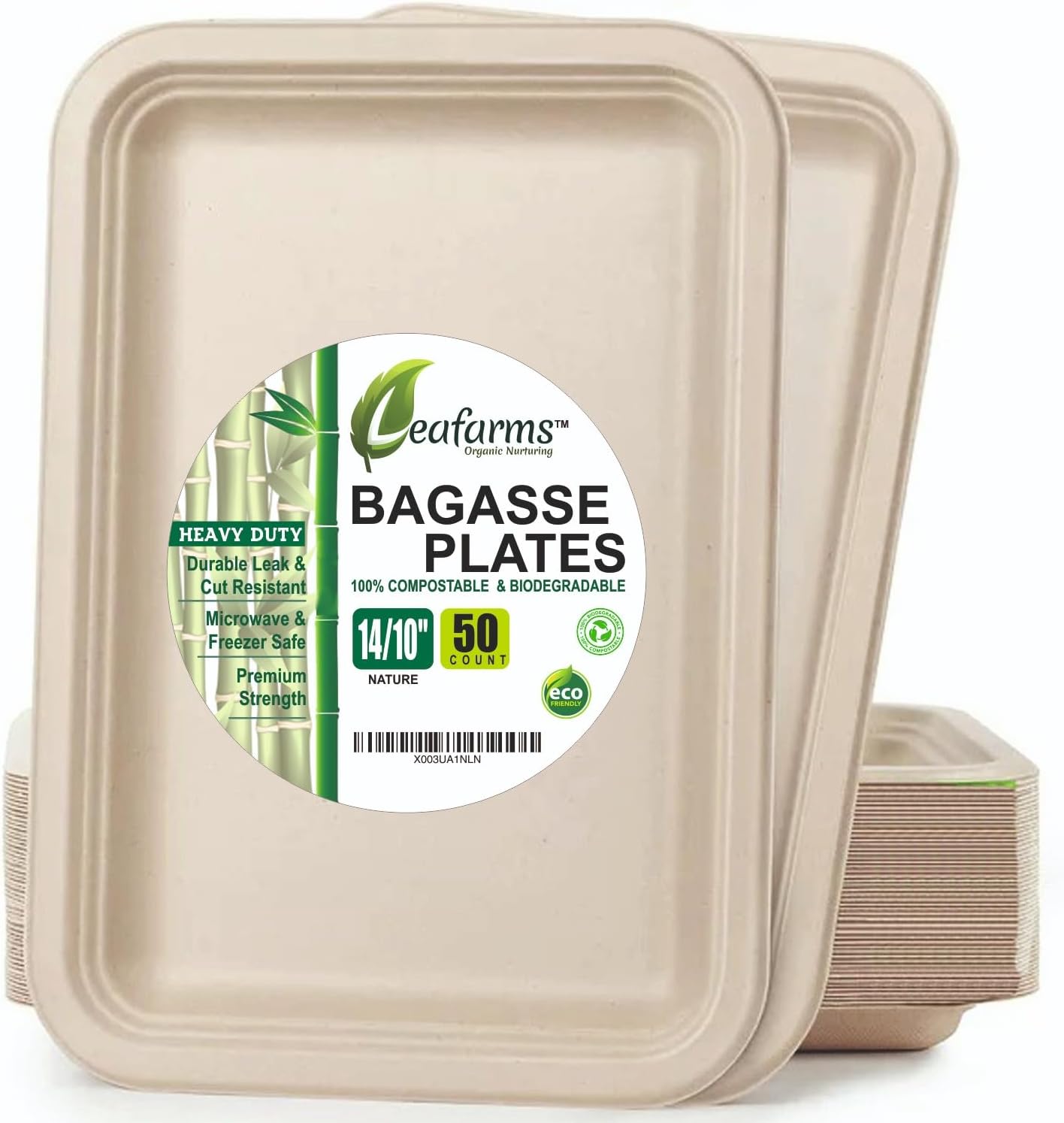 Leafarms 100% Compostable 14x10 Rectangle tray [50-Pack], Heavy Duty Eco-Friendly Dinner Plates Disposable I Biodegradable Unbleached Palm Sugarcane Eco Trays - (Color - Nature)