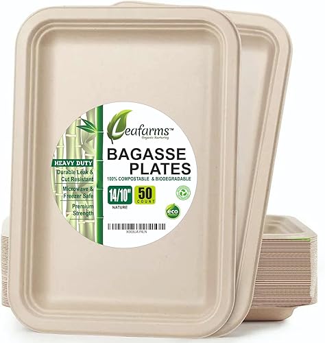 Bandeja rectangular 100% compostable de 14 x 10 pulgadas paquete de 50, platos llanos ecológicos y resistentes, desechables, bandejas ecológicas