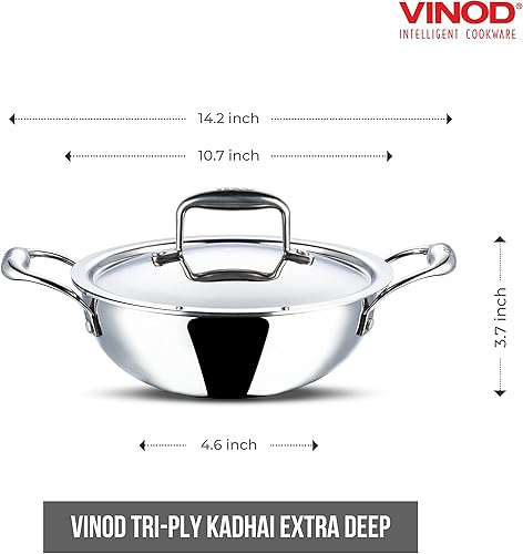 Miniatura 2 de Vinod Platinum Kadai Triply acero inoxidable  Adecuado para cocinar indios, salsas, guisos, sopas  Kadai profundoextra profundo con tapa  inducción,