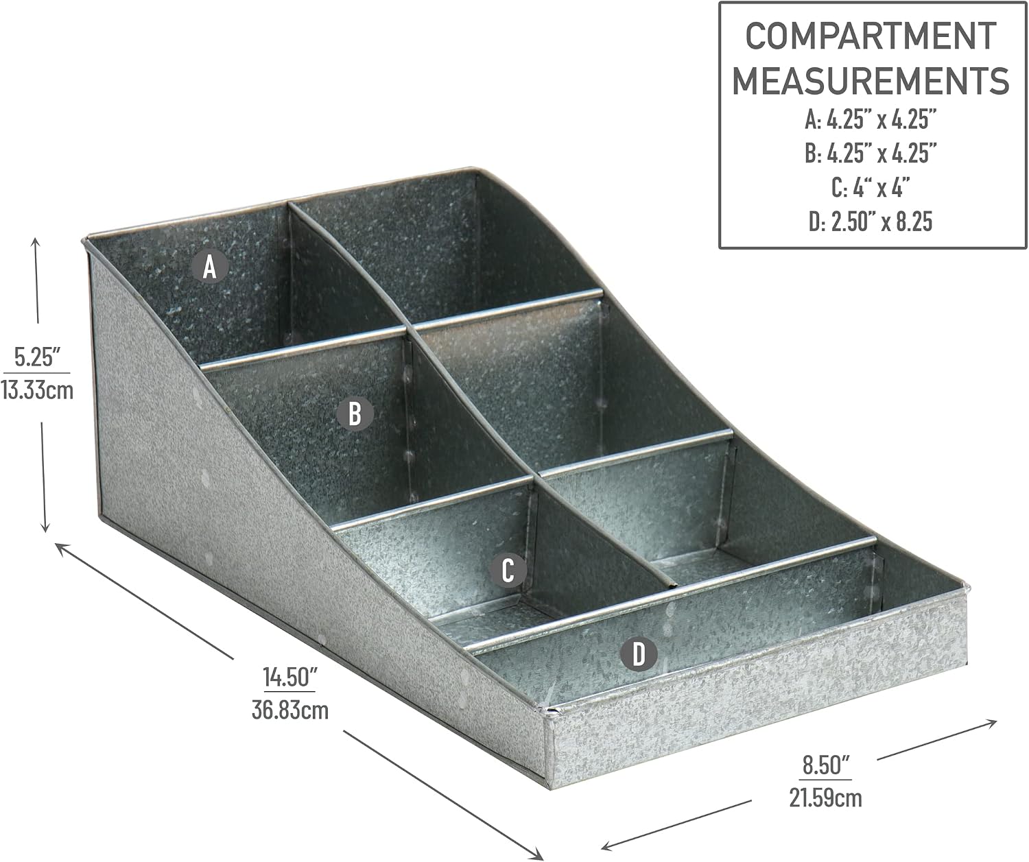 Mind Reader Cup and Condiment Station, Countertop Organizer, Coffee Bar, Galvanized Metal, 8.5"L x 14.5"W x 5.25"H, Silver