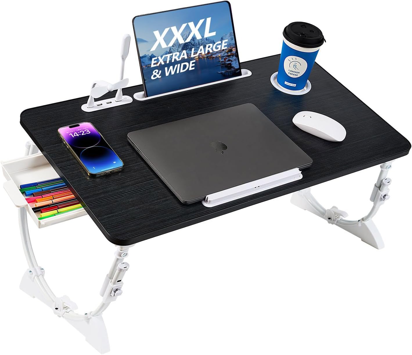 28.35"x15.7"Adjustable Laptop Bed Desk with USB Ports, Storage Drawer, Cup Holder, XXX-Large Foldable Bed Laptop Table Stand for Couch, Portable Lap Desk Tray for Eating Reading Working Drawing Gaming Black Height adjustable