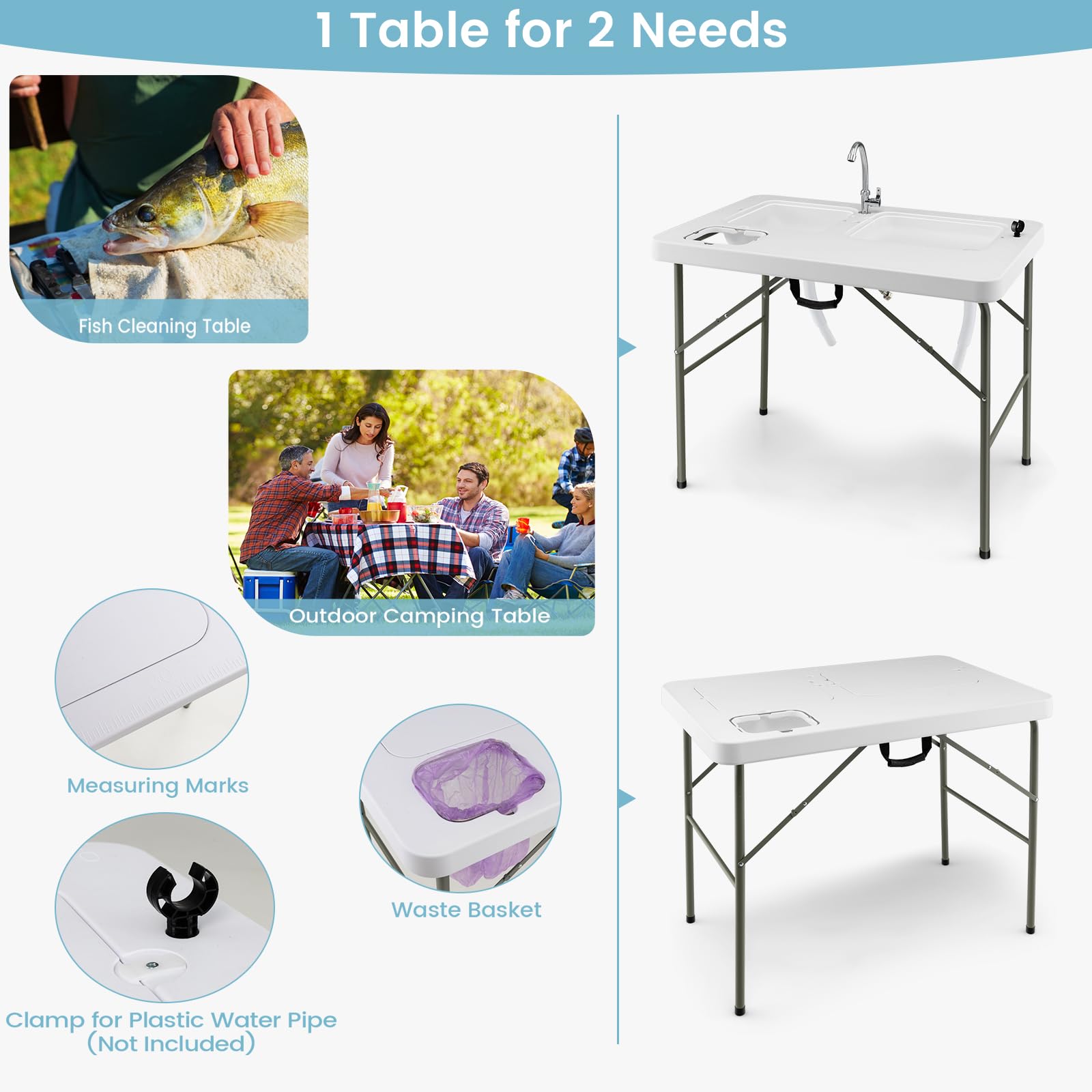 KOMFOTTEU Mesa de Camping Plegable Portátil Con Grifo Giratorio, 2 Fregaderos, Escala de Medición y Cubo de Basura - Para Picnic, Barbacoa, Pesca y Fileteado