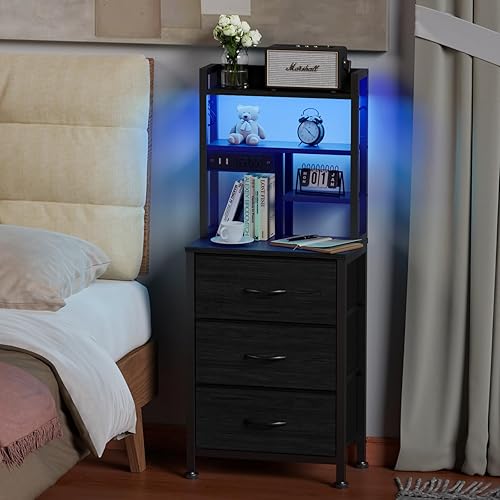 Miniatura 6 de Furnulem Mesita de noche alta con 3 cajones de tela y luces LED, mesita de noche con estantería, mesitas de noche de 45.3 pulgadas de alto con