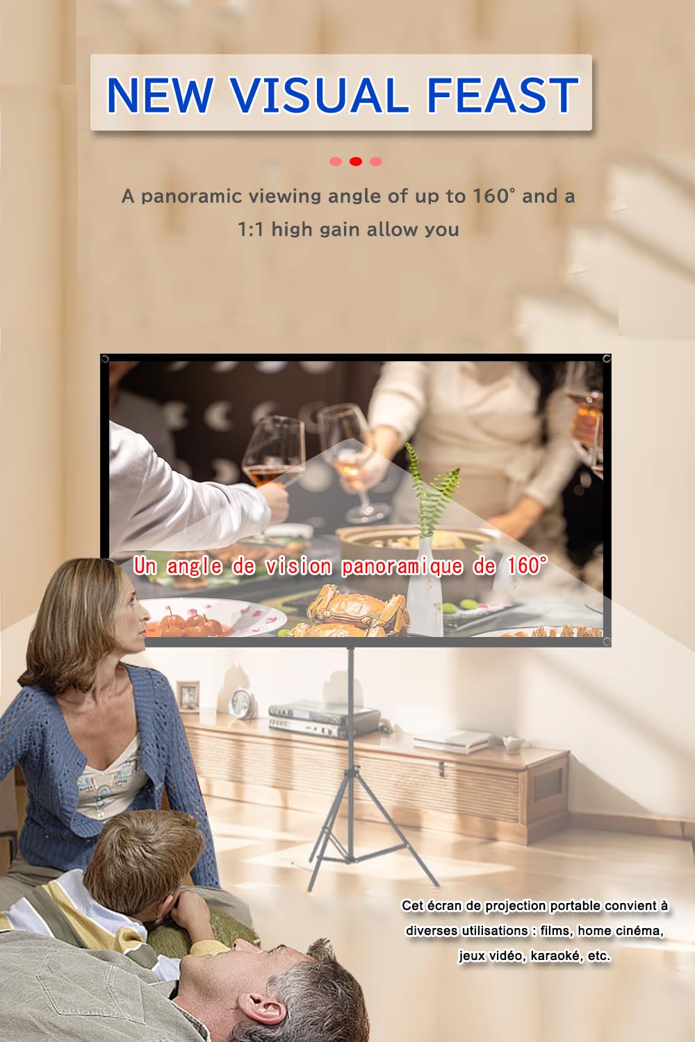 Écran de Projection Portable 60 Pouces avec Trépied - Écran de Projection Léger et Facile à Installer, Format 16:9, Compatible 4K - Idéal pour Cinéma Maison et Projections Intérieures/Extérieures【60″】
