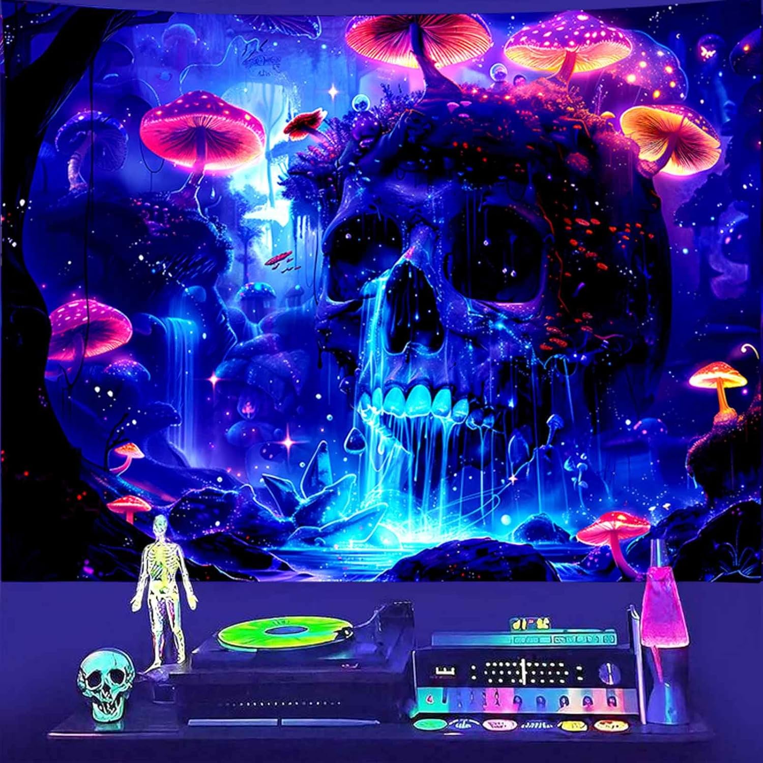 TUGCAY Blacklight Mushroom Skull Tapestry Skeleton Tapestry UV Reactive Waterfall Landscape Tapestries Glow in the Dark Horror Forest Tree Plant Wall Decor for Bedroom Living Room 70.9 x 90.6 inches