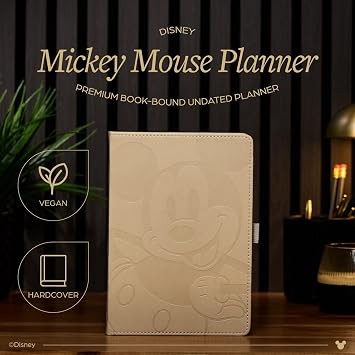 Happy Planner Disney Mickey 12-Month Undated Planner, Embossed Vegan Leather, Small Size, 6 x 8.5, Dashboard Layout, Ivory