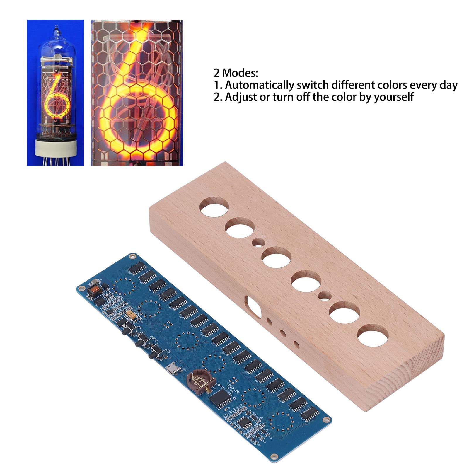 Zestaw zegara z rurką świecącą DIY, wyświetlacz czasu 12/24-godzinnego, antywirusowy, kolorowe światła, interfejs USB 5 V, obudowa z drewna bukowego, szklany moduł rurkowy