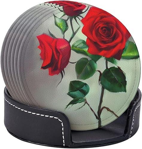 Miniatura 6 de Red Rose Picture Leather Coasters for Drinks Set of 6 for Tabletop Protection, Elegant Home Decor & Housewarming Gift