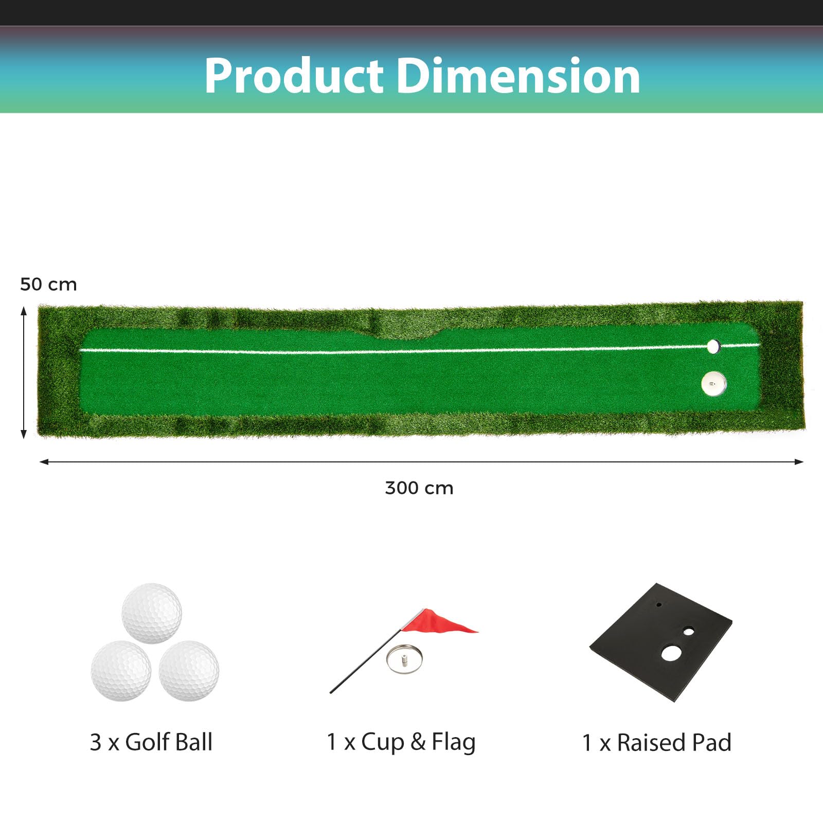 LIFEZEAL Alfombrilla de golf de 300 cm, equipo de entrenamiento de golf con 3 pelotas de golf, mini esterilla de ejercicio con 2 tamaños de agujeros para interior, exterior, alfombrilla de putting