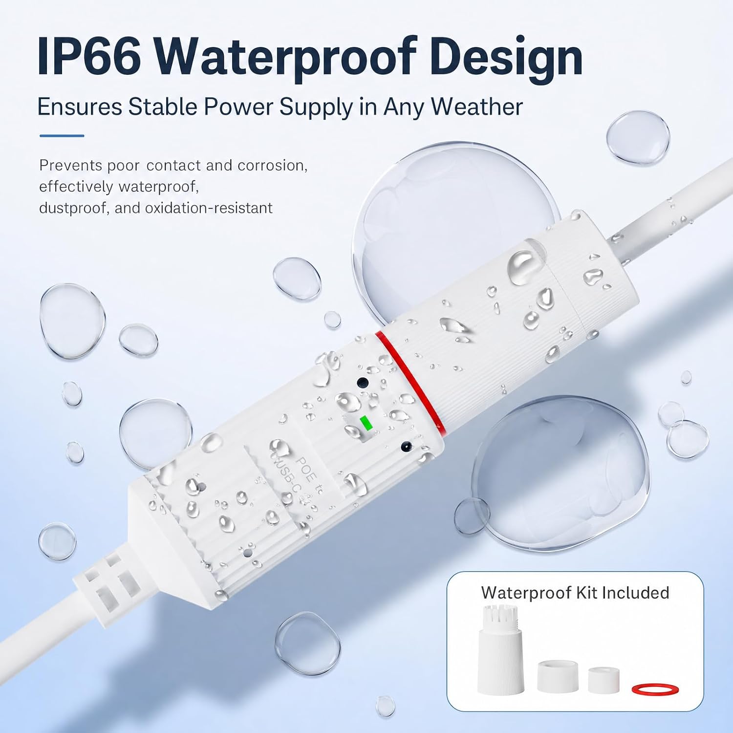 PoE to USB-C Power Converter (Power Only, No Data), 5V 2.4A 12W Charging Adapter, 48V PoE to USB-C Power Output, IEEE 802.3af/at Compliant, IP65 Waterproof for Outdoor Security Camera/Tablet/LED Light