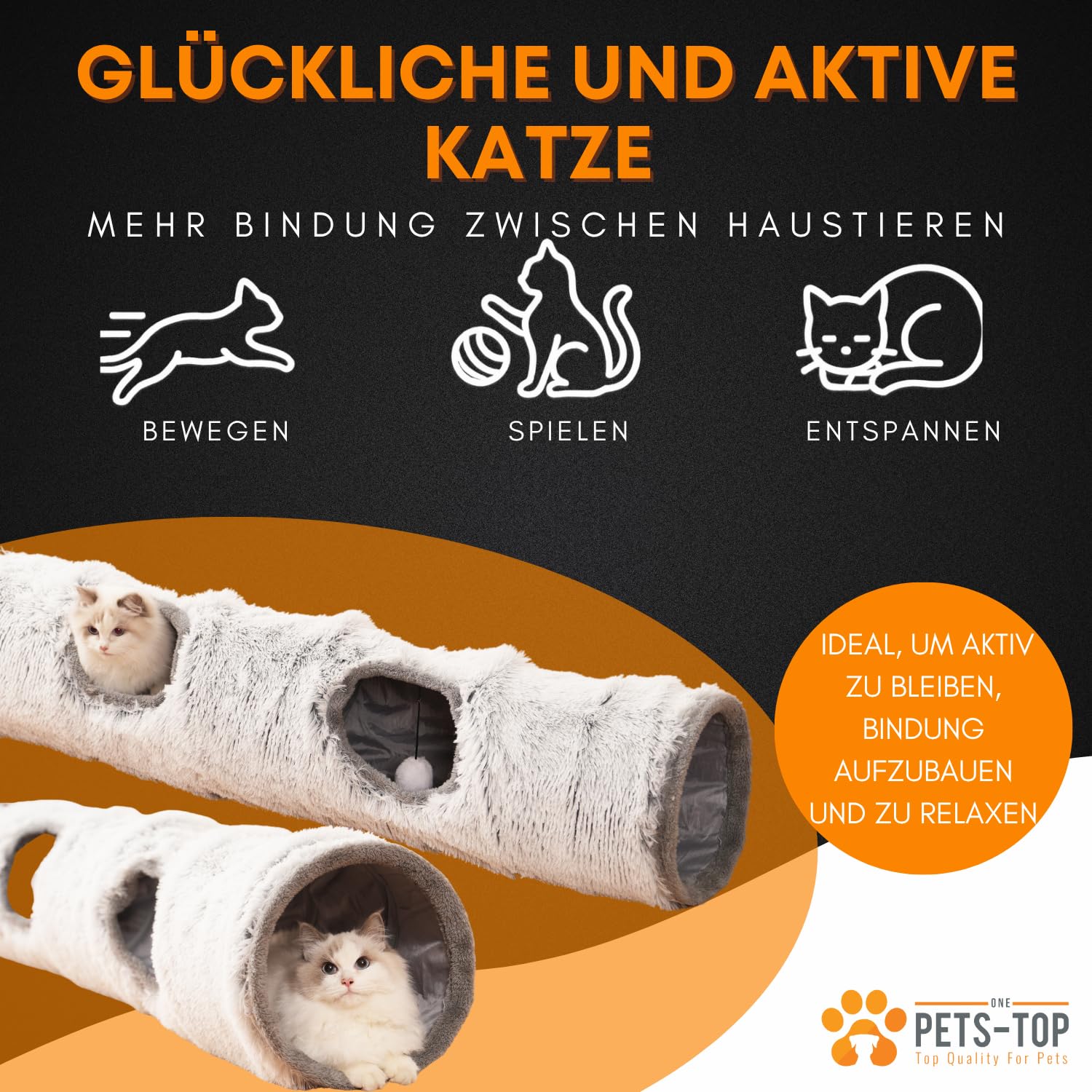 One PETS-TOP Katzentunnel XXL – Katzentunnel Große Katzen – Rascheltunnel für Katzen – Interaktives Katzenspielzeug für drinnen – aus weichem Plüsch