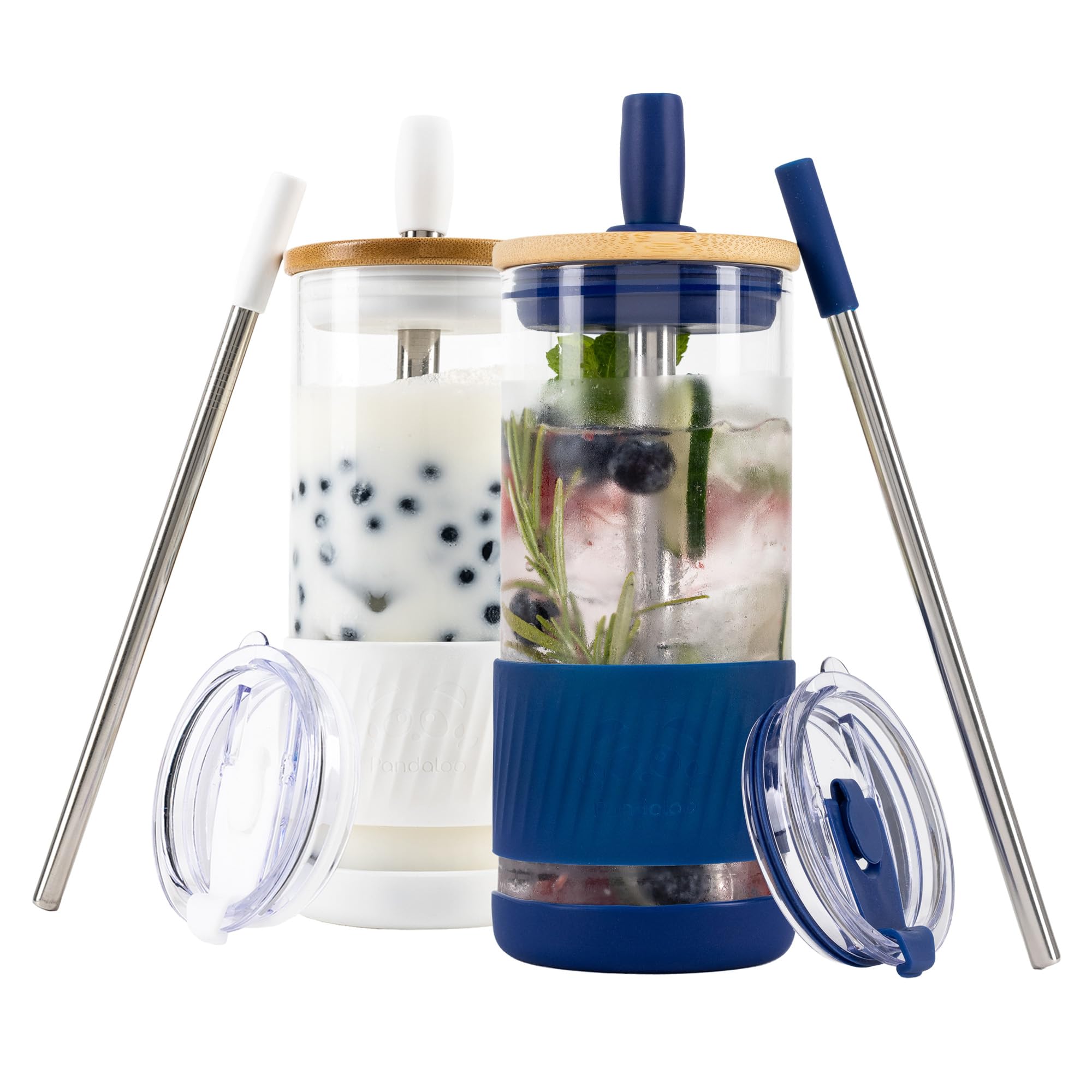 Pandaloo® Glass Cups With Lids and Straws -20 Fl Oz- Perfect Size Iced Coffee Cup - Smoothie Cup With Bamboo Lid and On the go Lid - Glass Tumbler (2 Count (Pack of 1), Galactic Blue-Coton White)