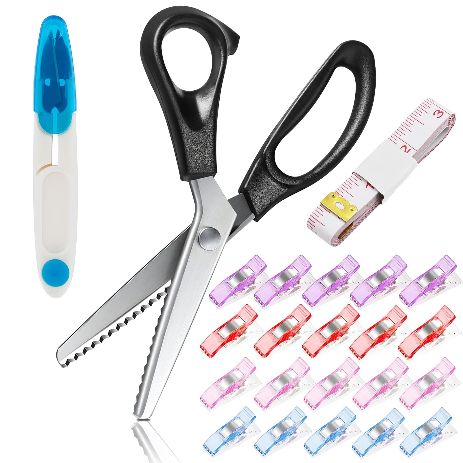 Foretogo Black, White Pinking Shears For Fabric Cutting,9.2 Inch Zig Zag Sewing Scissors With Small Scissors,Sewing Clips For Fabric,2M Measuring Tape,Fabric Scissor Dressmaking