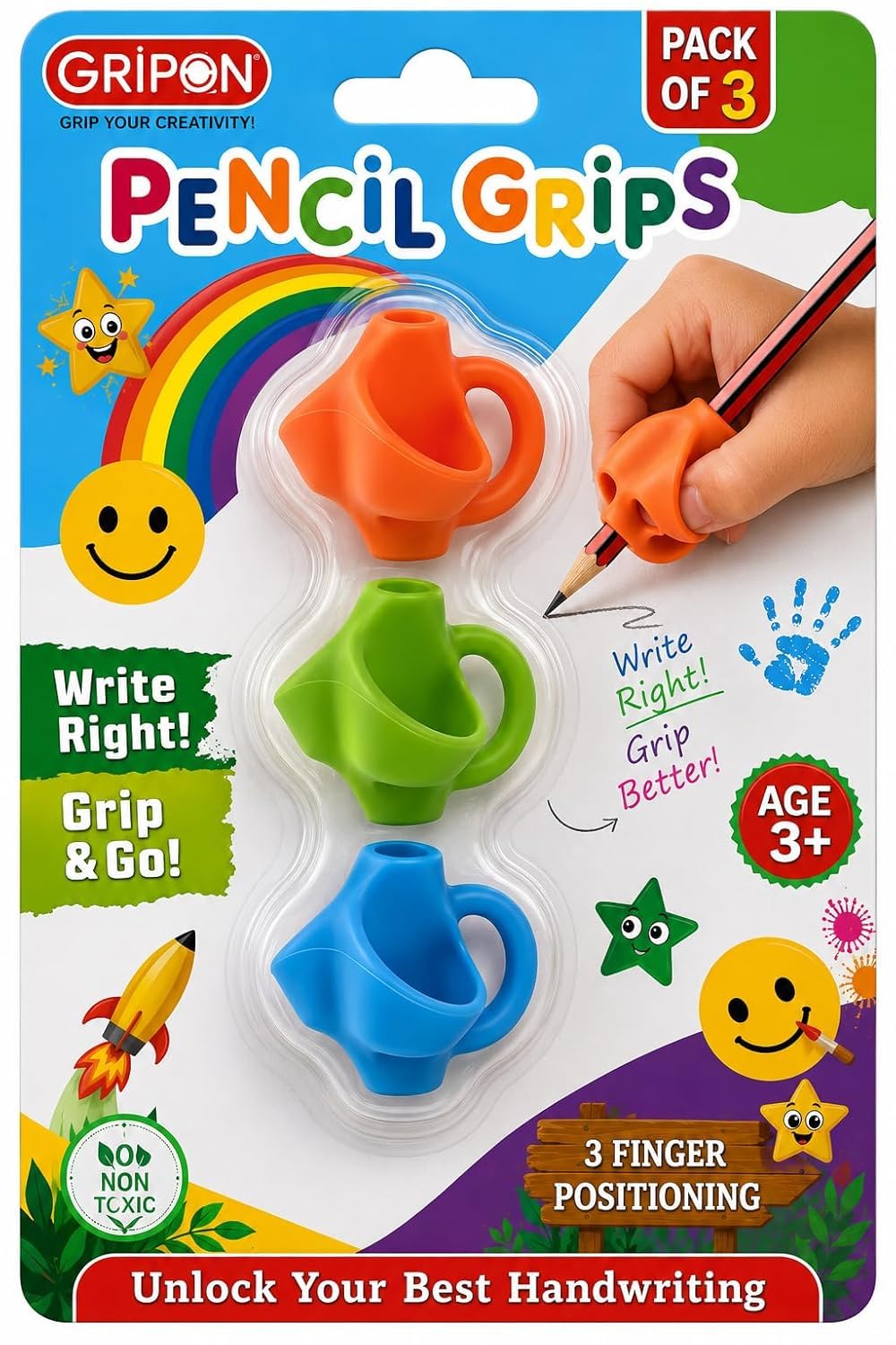 Pencil Gripper for Kids Writing, 3 Pack Ergonomic Pen and Pencil Holder for Toddlers, Preschoolers, Special Needs Children | Handwriting Aid | Posture Correction Tool | School Supplies