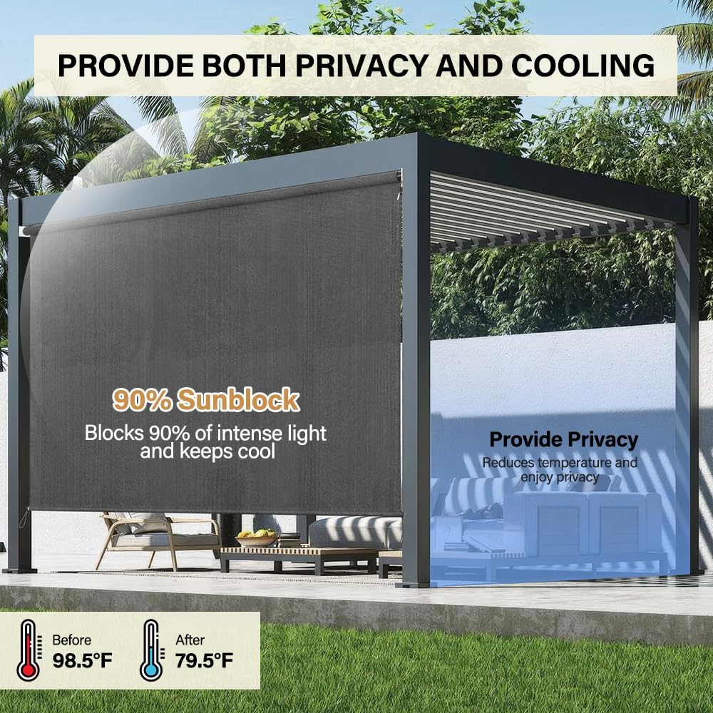 Kokorona Outdoor Roller Shades 4' W x 8' L (48" W x 96" H), Cordless Patio Shades Roll Up Outdoor, 90% UV Protection Outside Sun Shade Roller Blinds Cloth for Porch Pergola Balcony Windows, Dark Grey