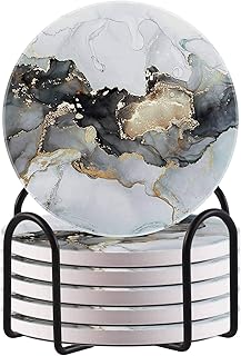 HAOCOO - Sottobicchiere rotondo con supporto per bevande, 6 pezzi, sottobicchiere in ceramica assorbente con base in sughero antiscivolo e antigraffio, per casa, cucina, ufficio (marmo grigio)