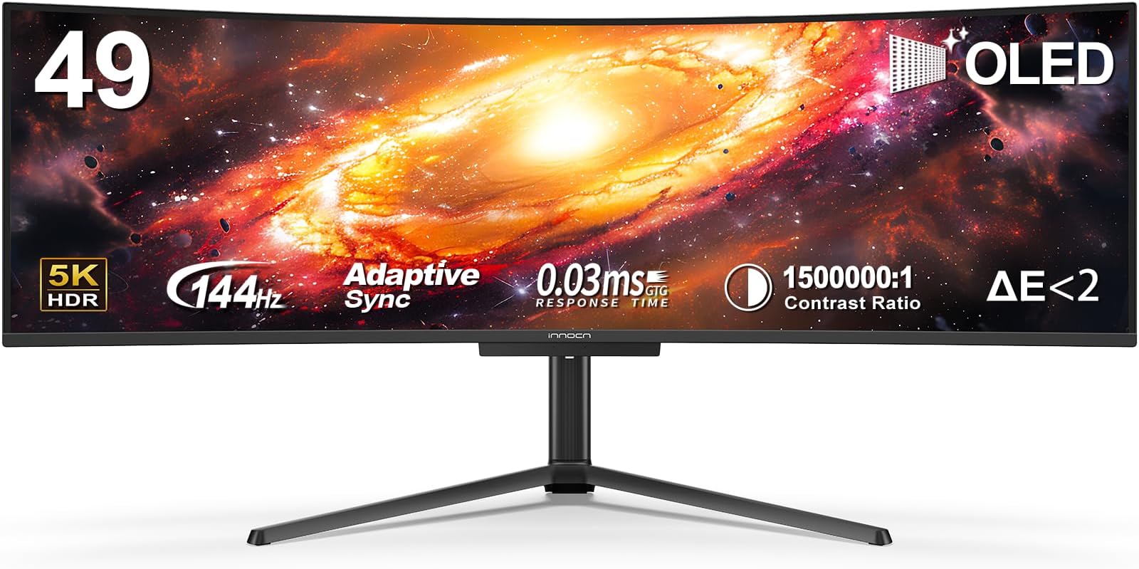 INNOCN 49" OLED Ultrawide Curved Gaming Monitor 5120 x 1440p 144Hz, 0.03ms, USB Type C 90W, HDMI 2.1, DisplayPort, USB Hub, Speakers, Adaptive-Sync, Adjustable Stand, Black