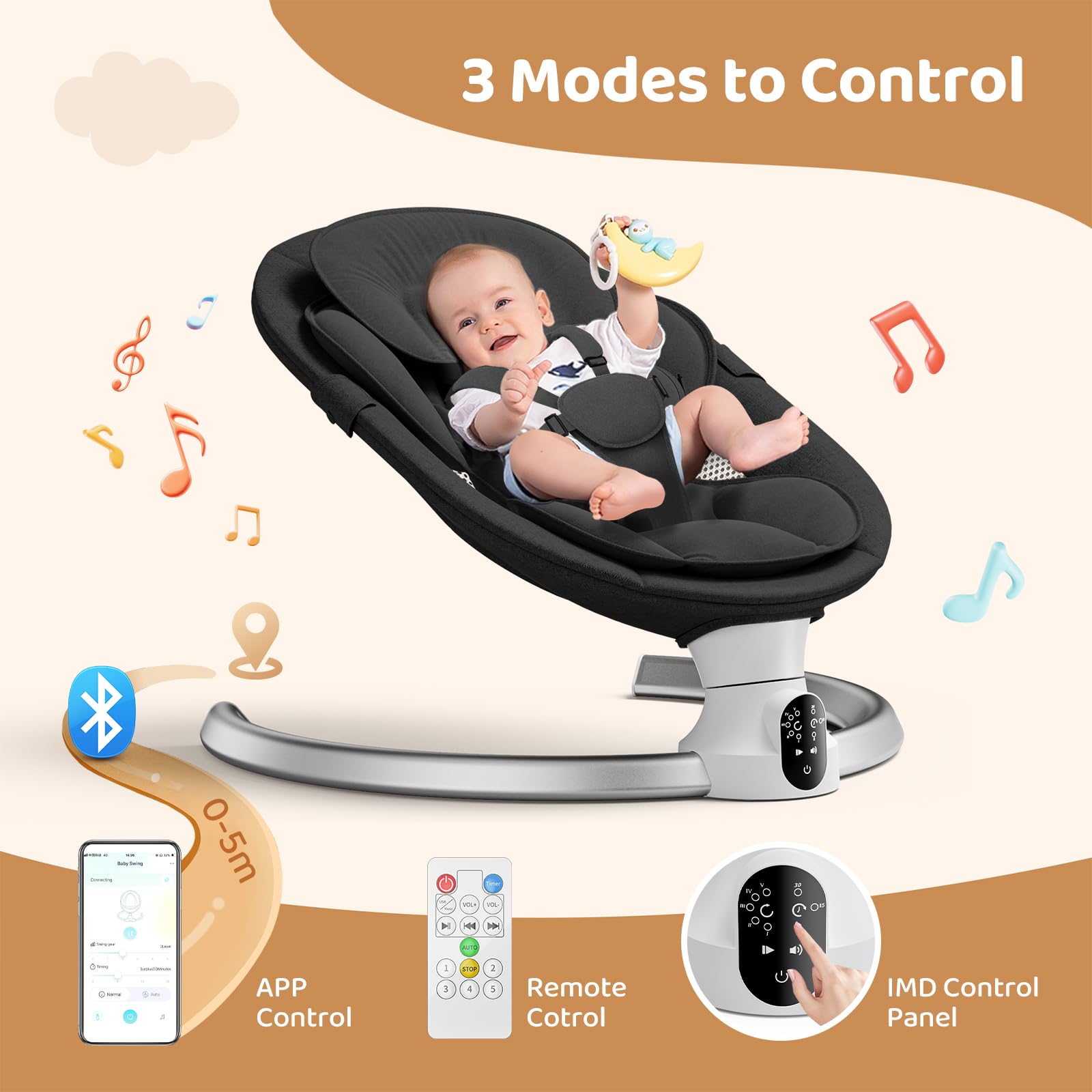 Silla mecedora eléctrica para bebé desde el nacimiento con aplicación móvil y control remoto para recién nacido hasta 9 kg de peso con arnés de seguridad de 5 puntos (negro)