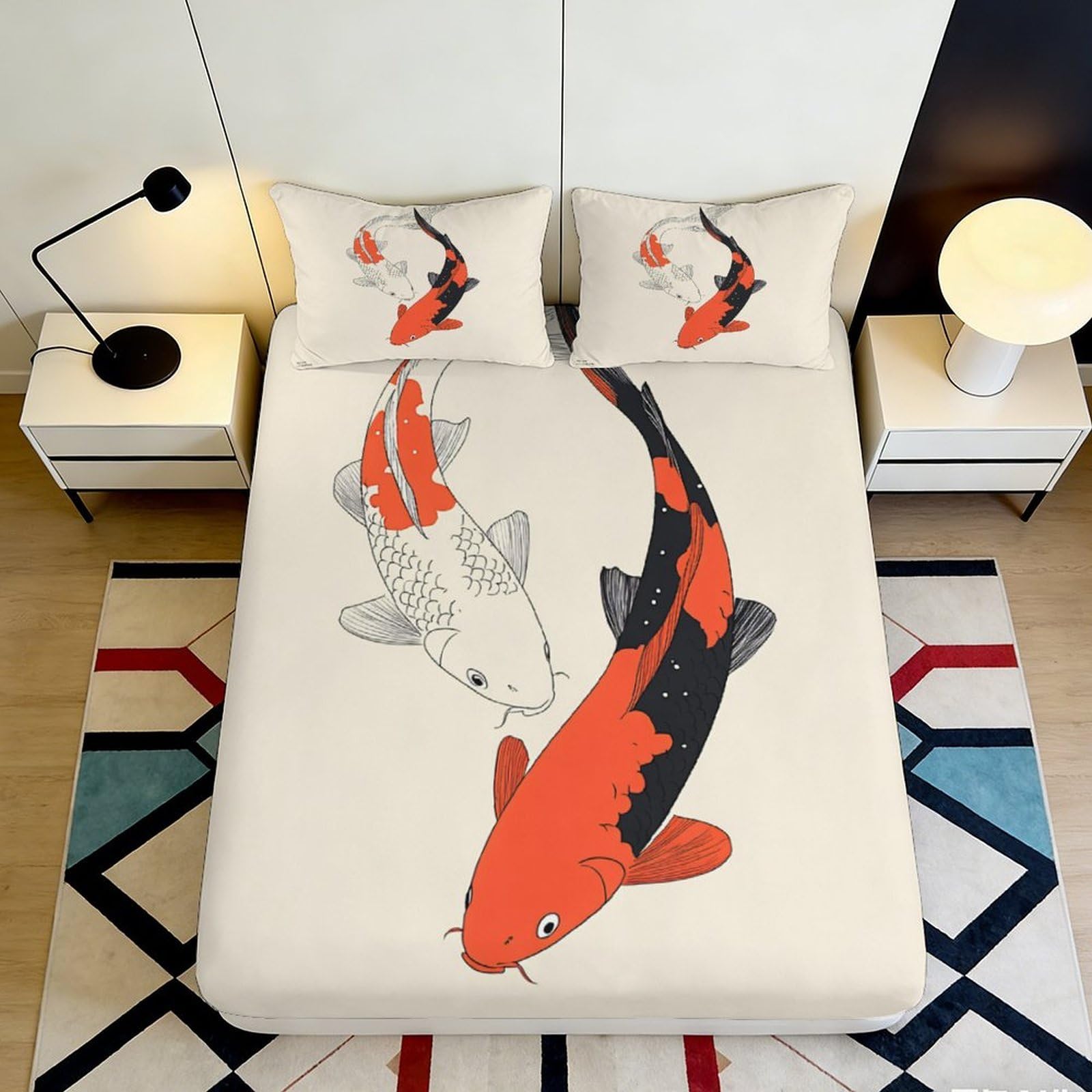 Uynsixtme Style-6 3D Printed Koi Fitted Sheet Microfiber Deep Pocket Non-Slip Bedroom Bedding Koi Mattress Fitted Cover For Home Decor 200X200x25cm