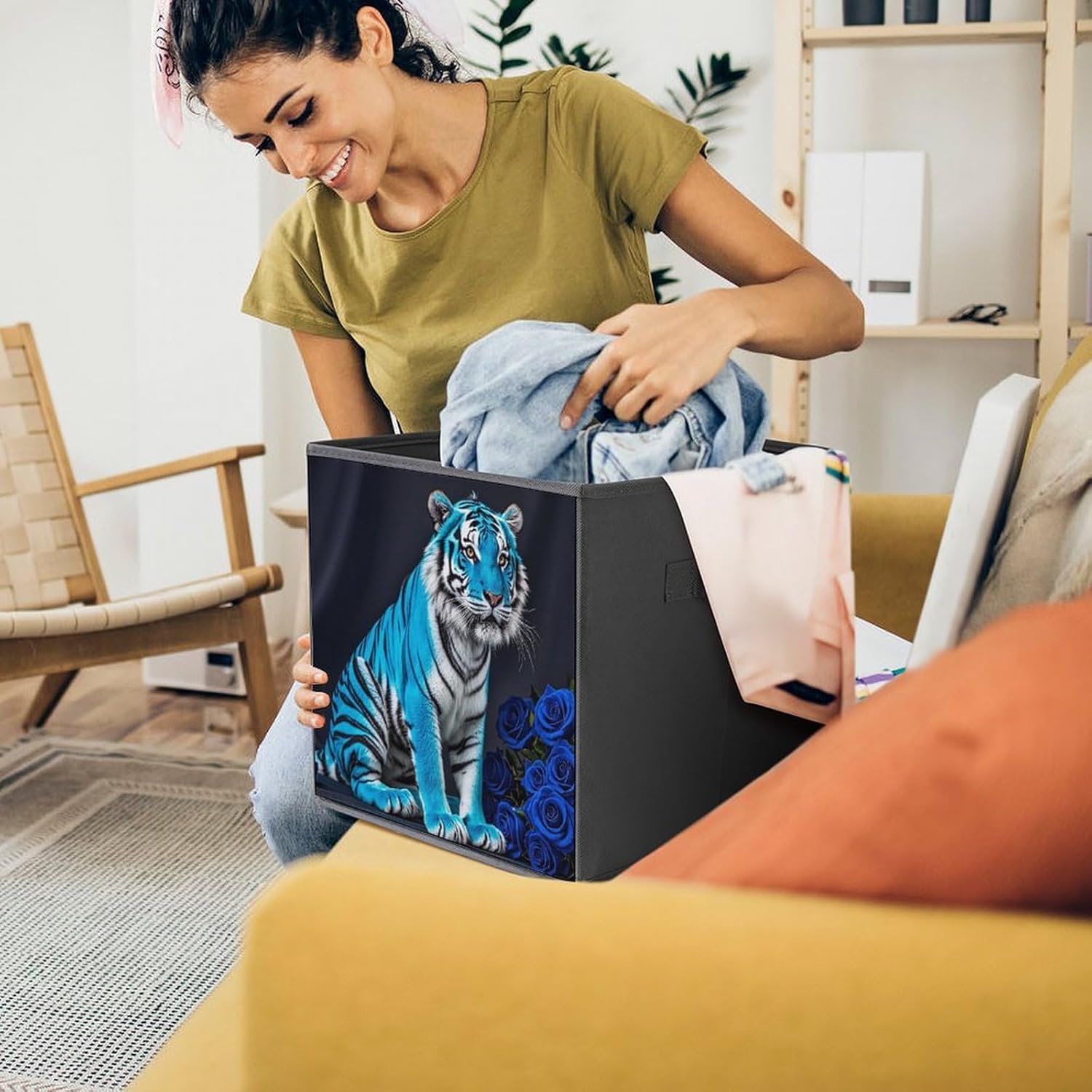 Blue Rose Tiger Foldable Storage Box with Handles, Durable Oxford Storage Cubes, 2PCS Collapsible Closet Organizer for Home, Shelf, Office, Travel
