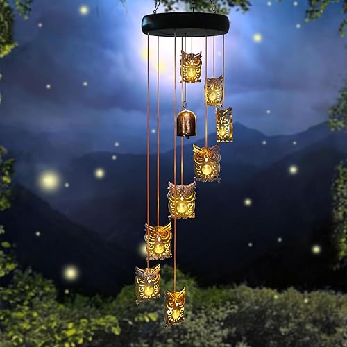 Miniatura 3 de Campanillas de viento solares de búho para exteriores, campanillas de viento solares para exteriores, luces colgantes LED cálidas, decoración de