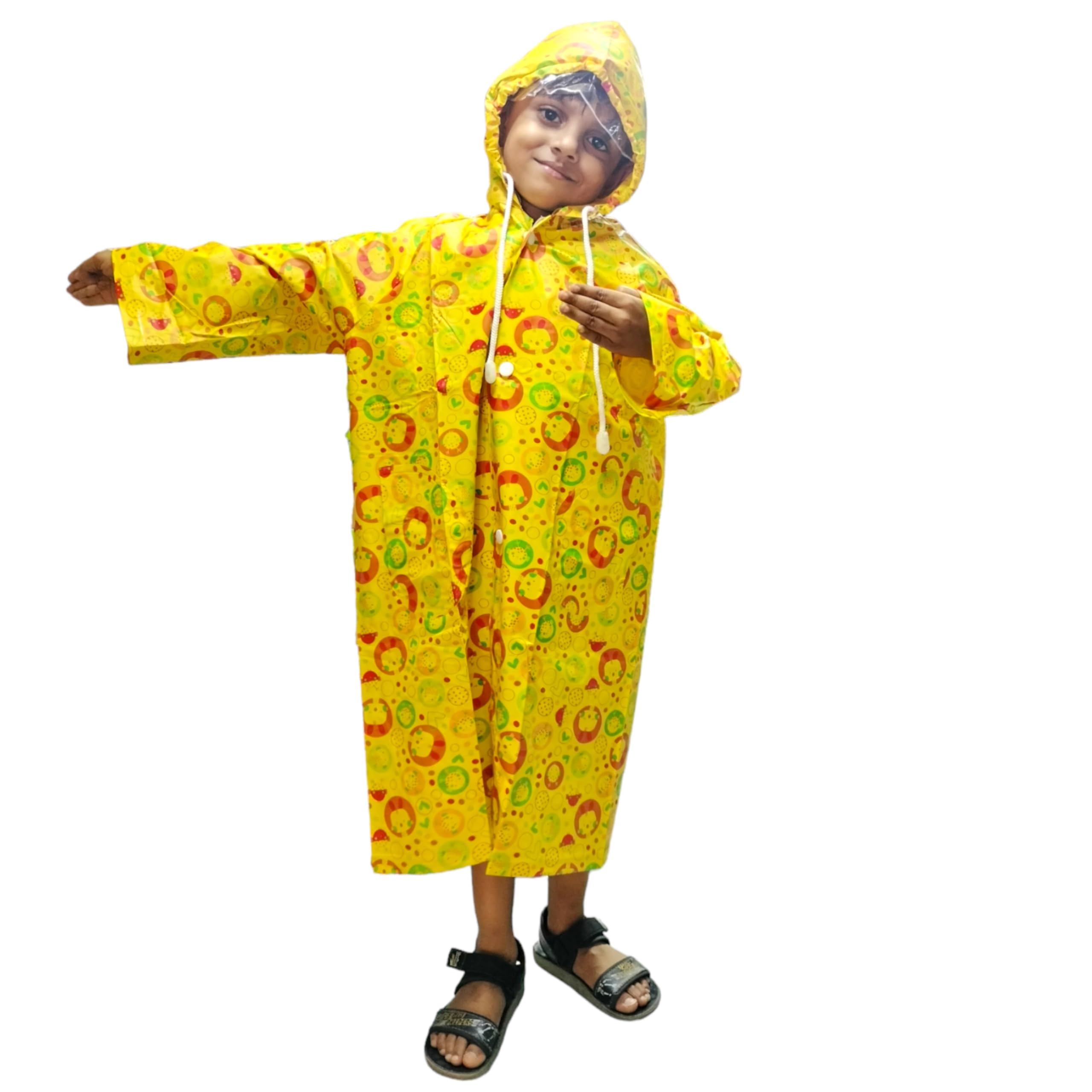 D8211K Kids Raincoat with Storage Pouch – Lightweight, Waterproof, Cartoon Print Poncho for School, Travel & Outdoor Fun (IN, Age, 8 Years, 9 Years, Yellow) 4