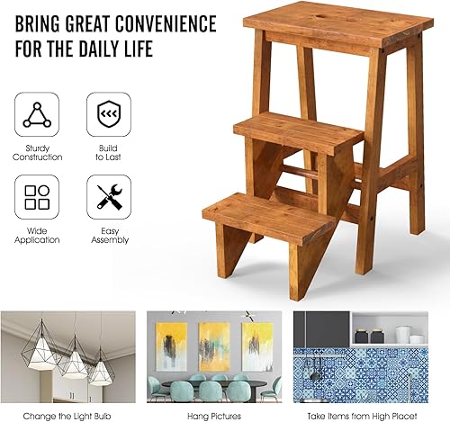 Miniatura 2 de Costzon Taburete plegable de 3 escalones, escalera de madera 3 en 1 con asa, pedal antideslizante, estante de almacenamiento multifuncional, estante