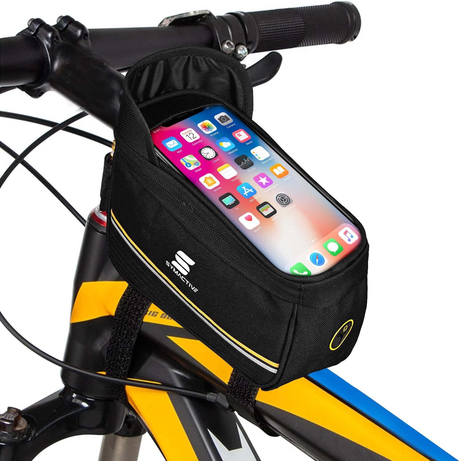 - Amazon Brand - Symactive Polyester Bicycle Front Frame Bag for Mobile Phone | Black | 23 x 11 x 17 Cms