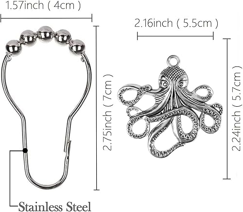 Miniatura 8 de Juego de 12 ganchos decorativos para cortina de ducha de pulpo, para el hogar, baño, calamar, criatura marina, bestia, acero inoxidable, anillos de