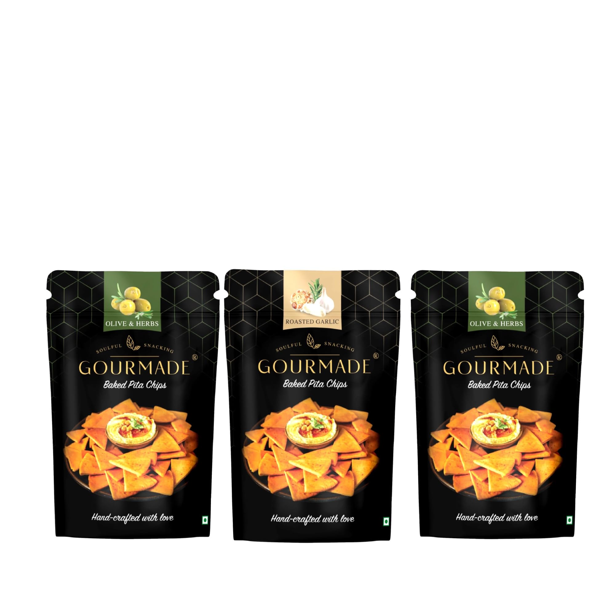 Gourmade Soulful Snacking Pita Chips Snacking Combo, 375g | 2 x Olive & Herbs and 1 x Roasted Garlic (125gms ecah - Pack of 3) | Baked Chips | Bar Party Snacks | Dip Chips | Starter Chips | Nachos & Tortillas-image-47
