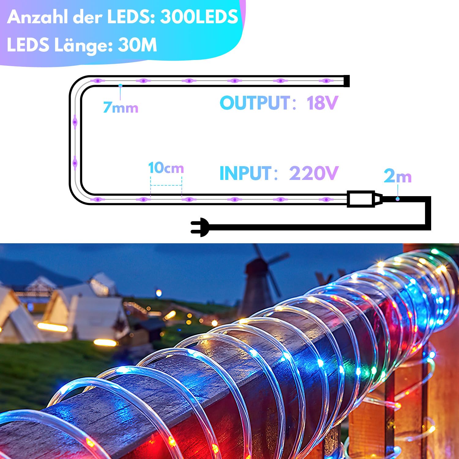 30M Lichterschlauch Aussen Bunt, LED Lichtschlauch mit Fernbedienung und Timer, 300 LEDs, IP65 wasserdicht, dimmbar, Memory-Funktion, für Garten Balkon Party Weihnachten