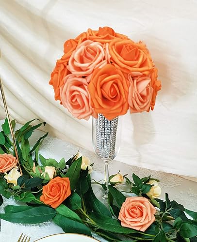 Miniatura 5 de Mefier Home Flores artificiales, 25 piezas de rosas de espuma de color naranja quemado de aspecto real, 5 tonos, rosas falsas con tallos para