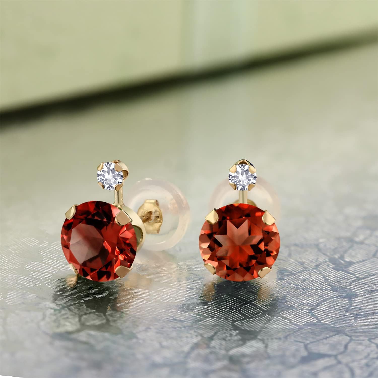 Gem Stone King 14K Yellow Gold Red Garnet and White Created Sapphire Earrings For Women | 2.08 Cttw | Gemstone Birthstone | Round 6MM