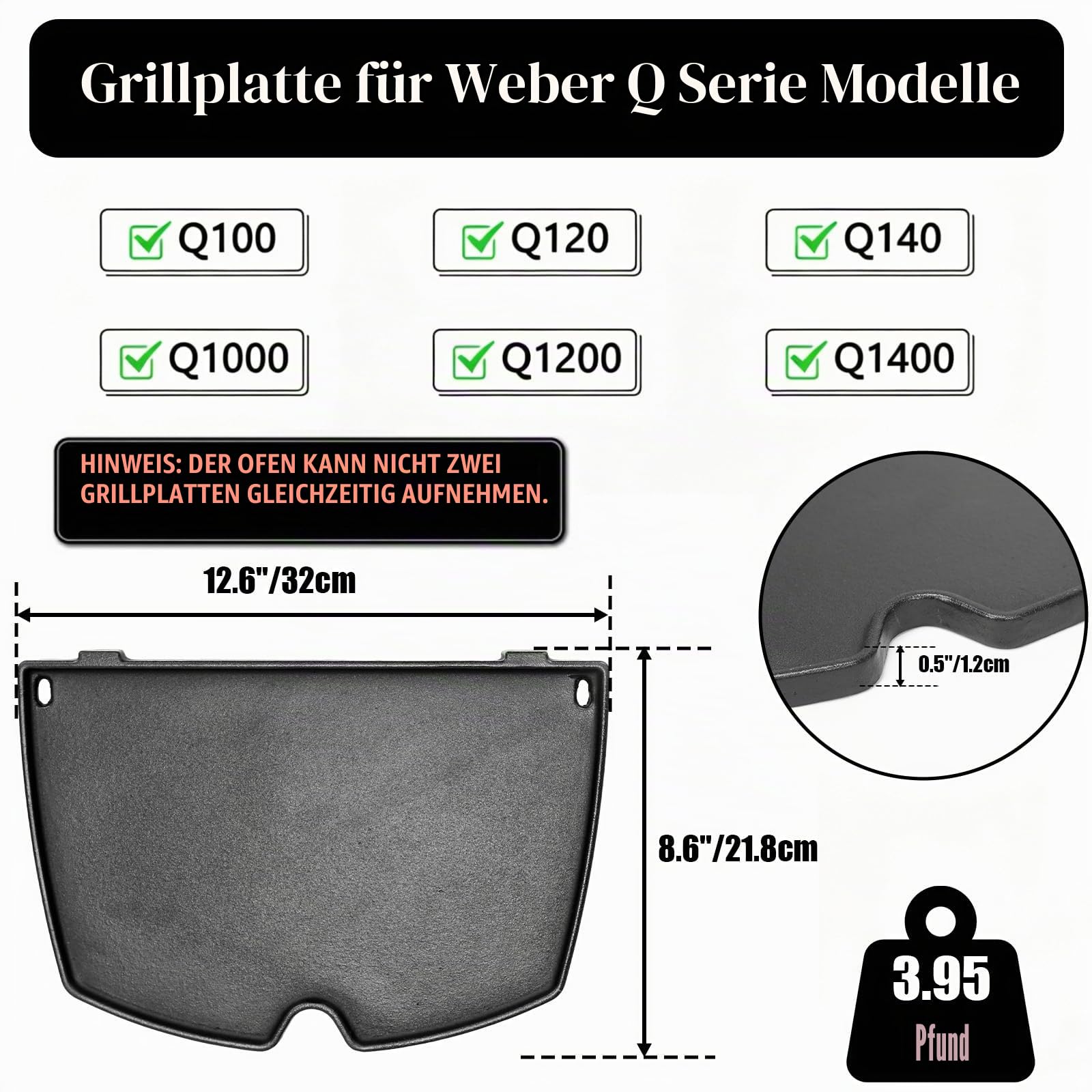 6558 Gusseisen Grillplatte für Weber Q100 Q120 Q1000 Q1200 Series, 32 x 22cm Gusseisen Griddle Ersatzteile für Weber Q140 Q1400, Plancha Bretpfane Zubehör