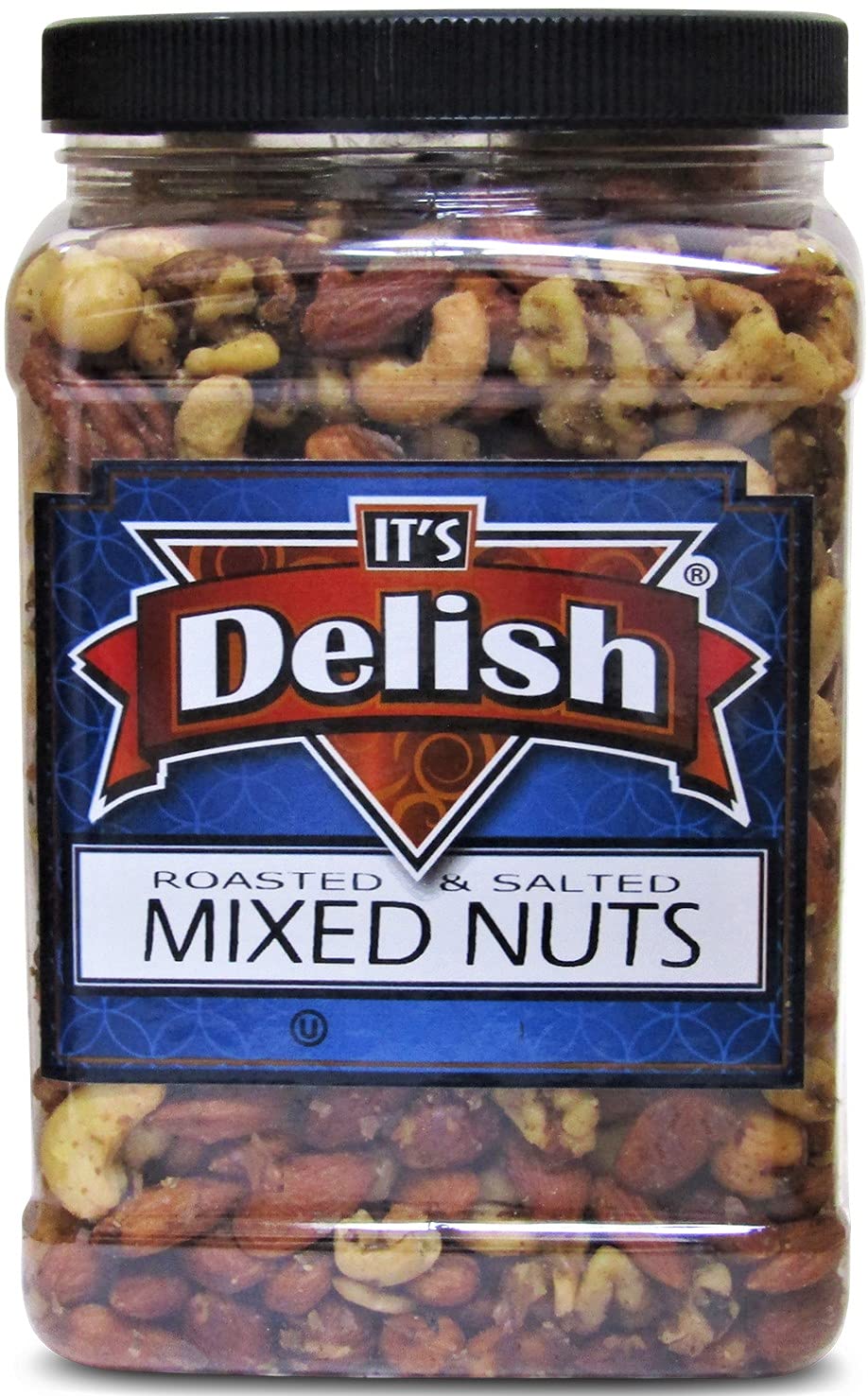 Deluxe Roasted Salted Mixed Nuts in Sea Salt by Its Delish – Bulk 2 lbs Jumbo Reusable Container Jar - Premium Roasted Nut Mix Without Peanuts – Delicious Snacking Nuts – Great Parties Snacks, Keto, Vegan, Kosher