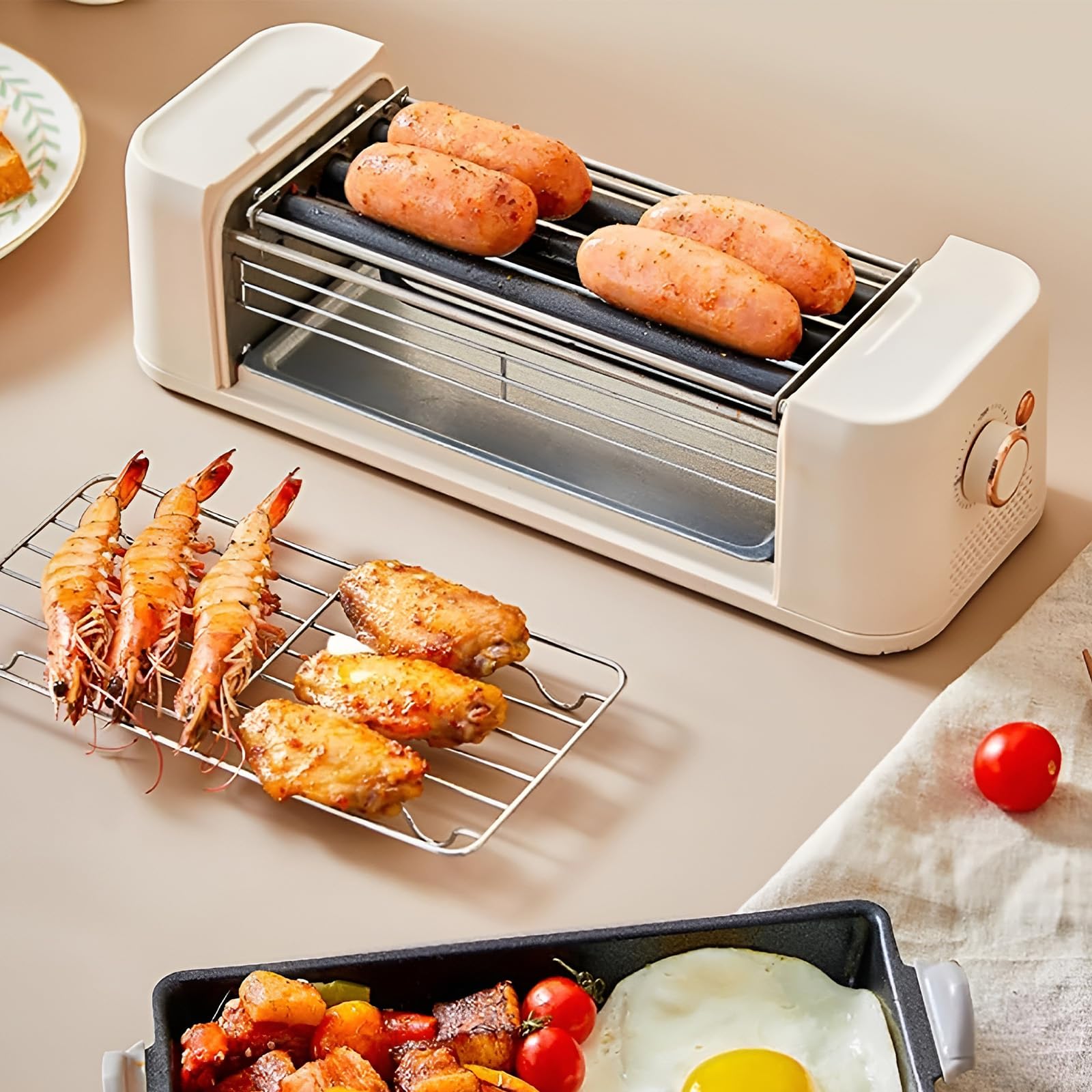Parrilla Comercial Eléctrica Para Hot Dogs, Cocina De Salchichas | Rodillos giratorios de 360° con control de 0-300°C, bandeja de horneado integrada para cocina versátil en bares